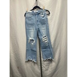 Mica Super High Waist Vintage Crop Flare Jeans Light Wash Distressed Raw Size 26